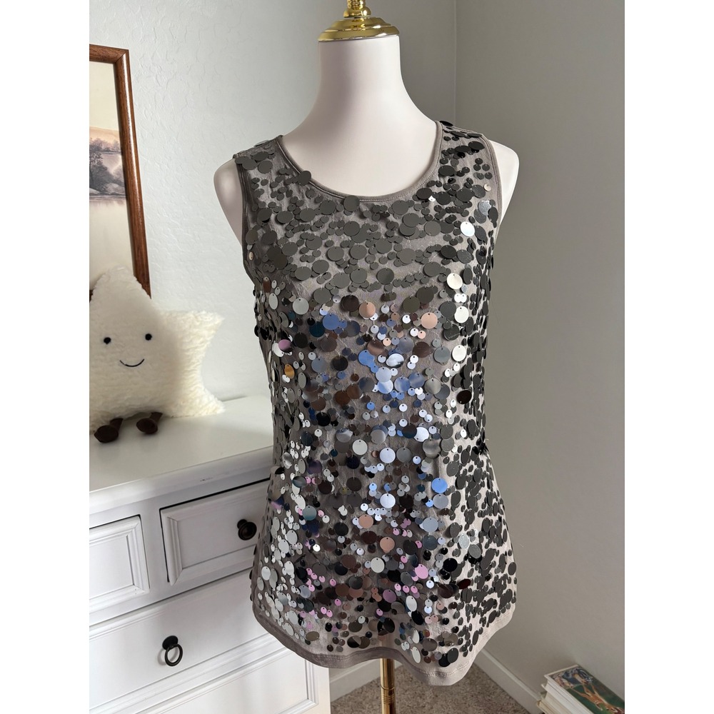 y2k Silver Sequin Tank Top Sleeveless Party Blouse Grey Metallic Sparkle Disco